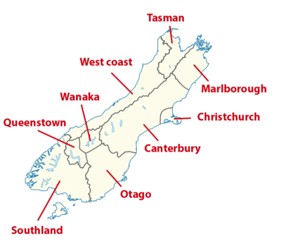 Carte des régions de l'île du Sud de Nouvelle-Zélande