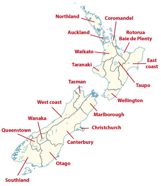 Carte des régions de Nouvelle-Zélande