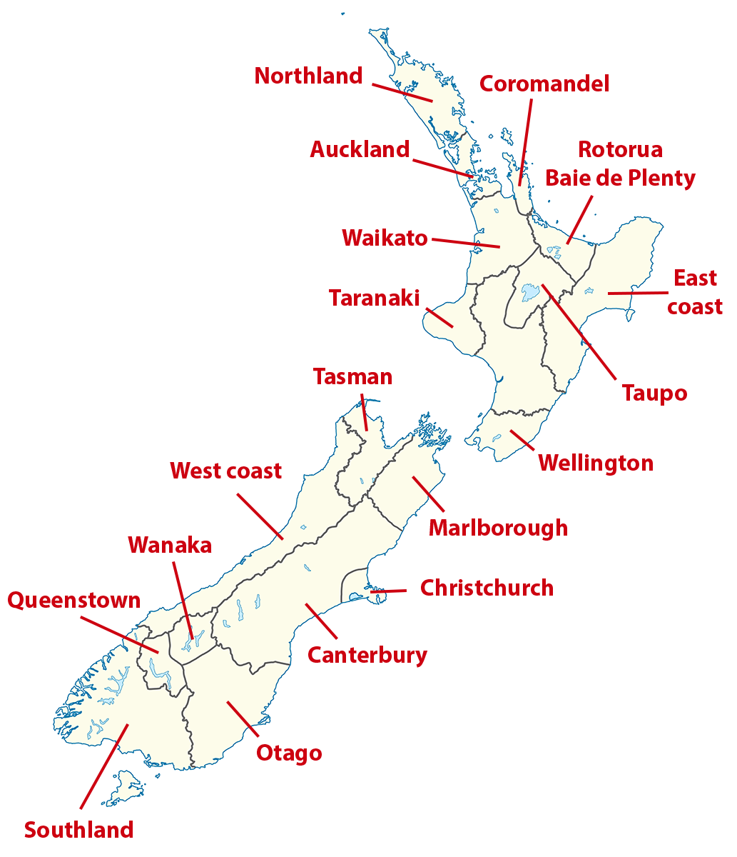 Carte des régions de Nouvelle-Zélande