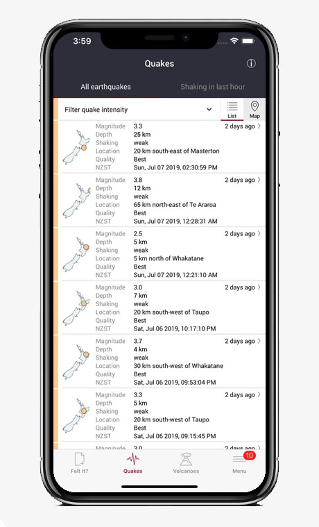 Capture écran application GeoNet Quake