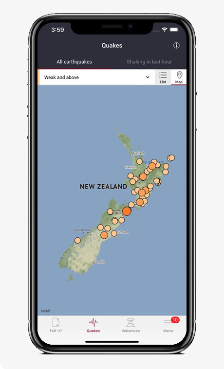 Capture écran application GeoNet Quake