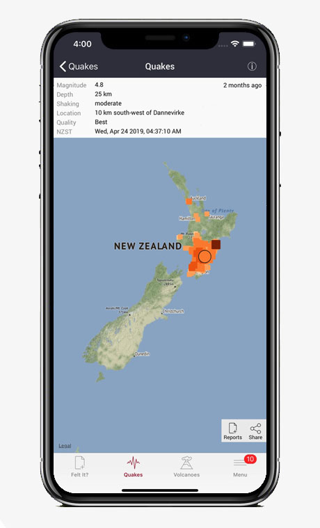 Capture écran application GeoNet Quake