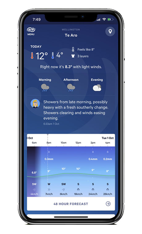 Capture écran application Met Service NZ Weather