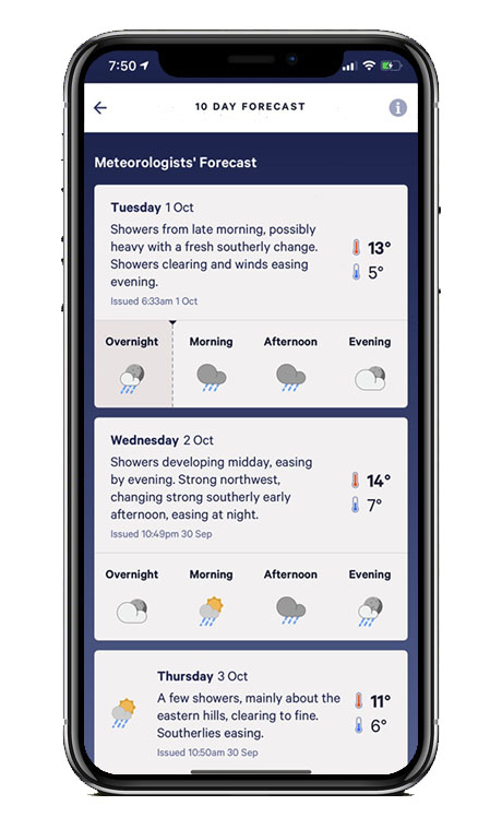 Capture écran application Met Service NZ Weather