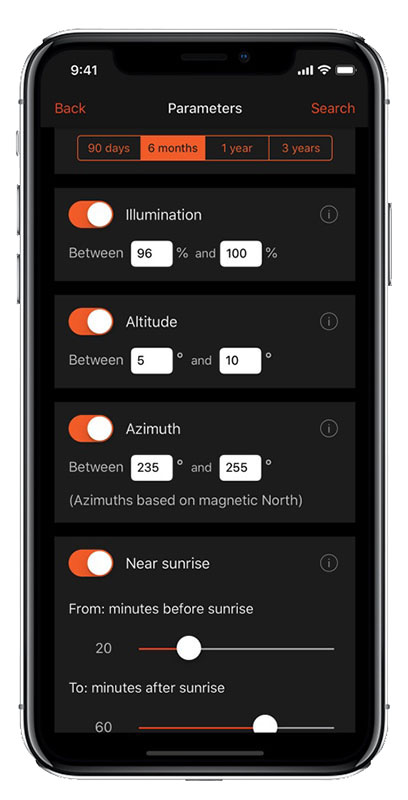 Capture écran application Sun Surveyor