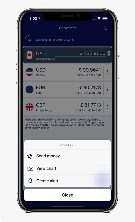 Capture écran application XE Currency