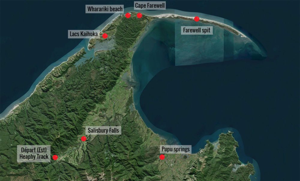 Guide de la Golden bay NZ Wharariki beach, Farewell Spit, Cape farewell