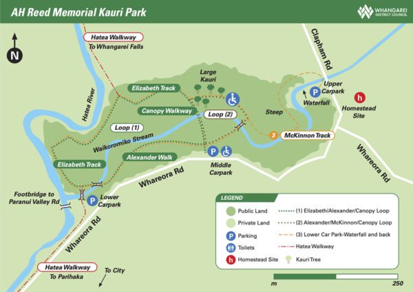 Carte du parc mémorial de AH Reed à Whangarei